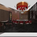 Elegant Private Dining Room With Round Table Chairs Mahogany Walls And Red Chandelier