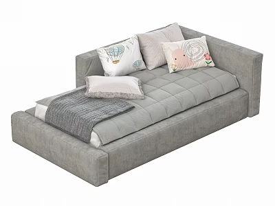 Modern Gray Single Bed Interior With Decorative Pillows And Soft Blanket 3d model