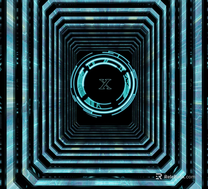Black Background Wall Featuring Blue Glowing Lines Concentric Tunnel Structure Central Blue Circle White X 3d model 