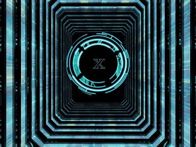 Black Background Wall Featuring Blue Glowing Lines Concentric Tunnel Structure Central Blue Circle White X 3d model