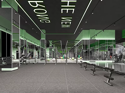 Modern Fitness Gym Interior With Mirrors Neon Lights And Training Equipment 3d model