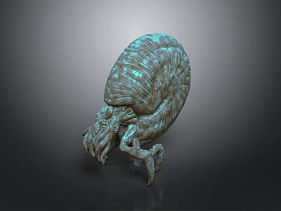 Teal Colored Prehistoric Marine Animal With Coiled Body And Multiple Appendages On Dark Smooth Background 3d model