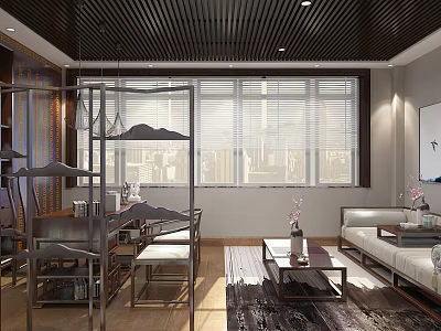 Modern Living And Dining Interior With Wooden Ceiling Blinds City View Furniture Decor 3d model