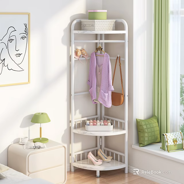 White Multi Tiered Clothes Rack Featuring Purple Cardigan Brown Bag Green Curtains And Decor 3d model 