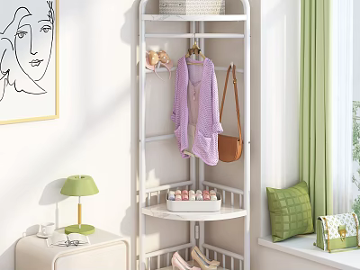 White Multi Tiered Clothes Rack Featuring Purple Cardigan Brown Bag Green Curtains And Decor 3d model