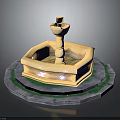 Light Colored Stone Fountain With Multi Tiered Structure Hexagonal Base And Green Circular Trim