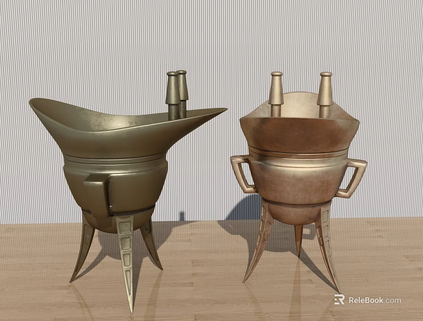 Ancient Bronze Wine Vessels With Three Legs On Wooden Table Gray Background 3d model 