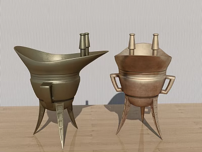 Ancient Bronze Wine Vessels With Three Legs On Wooden Table Gray Background 3d model