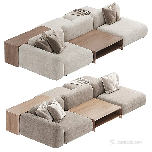 Light Gray Fabric Sectional Sofa With Wooden Coffee Table And Soft Decorative Pillows 3d model 