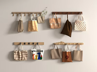 Various Style Fabric Bags Hanging On Wooden Wall With Welcome Design 3d model