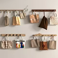 Various Style Fabric Bags Hanging On Wooden Wall With Welcome Design