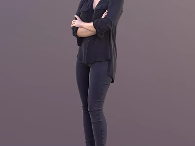 Woman in Black Shirt and Dark Jeans Standing with Arms Crossed Against Gray Background 3d model