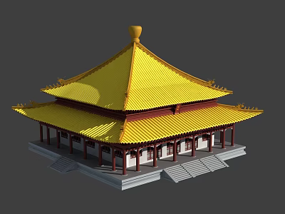 Ancient Chinese Architecture With Yellow Glazed Roof Multi Tiered Structure Red Pillars And Stone Steps 3d model