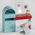 Dressing Table with Blue Cabinet Red Top Table Lamp Headphones White Chair and Framed Art