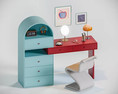 Dressing Table with Blue Cabinet Red Top Table Lamp Headphones White Chair and Framed Art 3d model