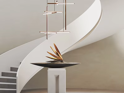 Elegant Spiral Staircase White Curved Design With Gray Steps Metal Pendant Lights And Golden Decoration 3d model