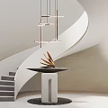 Elegant Spiral Staircase White Curved Design With Gray Steps Metal Pendant Lights And Golden Decoration