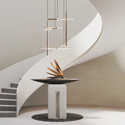 Elegant Spiral Staircase White Curved Design With Gray Steps Metal Pendant Lights And Golden Decoration 3d model