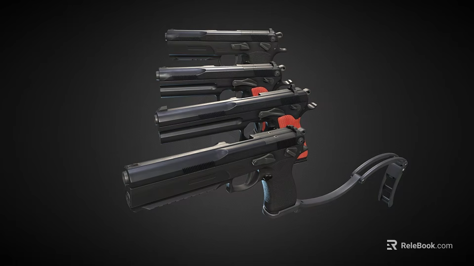 Modern Multiple Black Tactical Pistols Featuring Red Components And Holster Gear 3d model