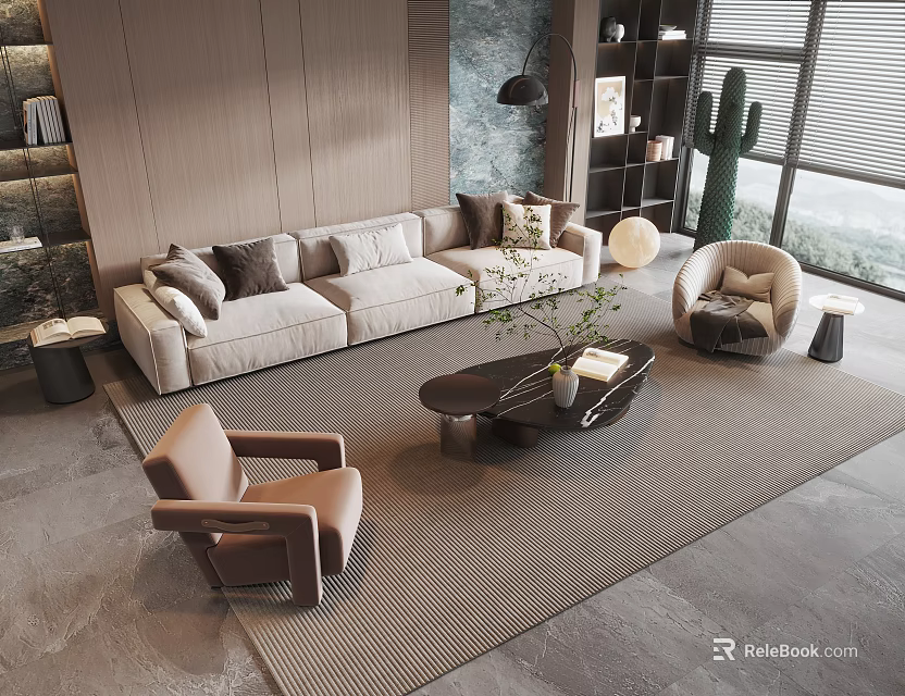 Modern Neutral Tones Sofa and Coffee Table Set with Accent Chairs Green Plant Living Interior 3d model 