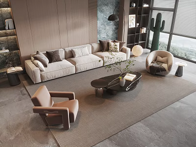 Modern Neutral Tones Sofa and Coffee Table Set with Accent Chairs Green Plant Living Interior 3d model