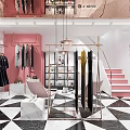V VIGUE Minimalist Style Clothing Store With Black Dresses White Tops And Checkered Floor