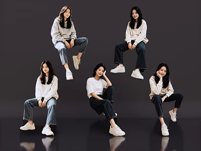 Group of Women in Casual Poses Wearing White Tops Jeans White Sneakers on Dark Background 3d model