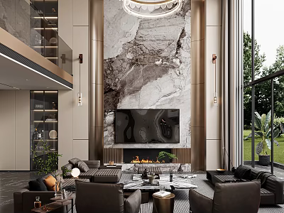 Duplex Living Room Design With Marble Accent Wall Large Windows Dark Sofas Chandelier And Fireplace 3d model