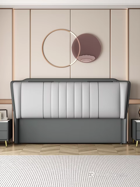 Double bed gray and white headboard vertical stitching light wall two circular accents bedside tables 3d model