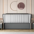 Double bed gray and white headboard vertical stitching light wall two circular accents bedside tables 3d model