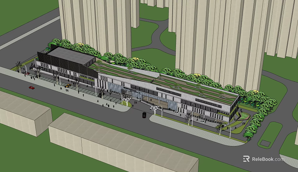 Long Modern Building With Green Roof Glass Facade In Urban Area Near High Rises 3d model 