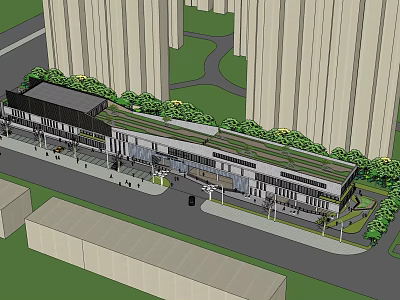 Long Modern Building With Green Roof Glass Facade In Urban Area Near High Rises 3d model