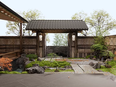 Japanese Courtyard Garden Featuring Wooden Gate Black Tiled Roof Lanterns Stone Path And Mossy Rocks 3d model