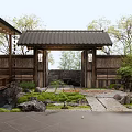 Japanese Courtyard Garden Featuring Wooden Gate Black Tiled Roof Lanterns Stone Path And Mossy Rocks