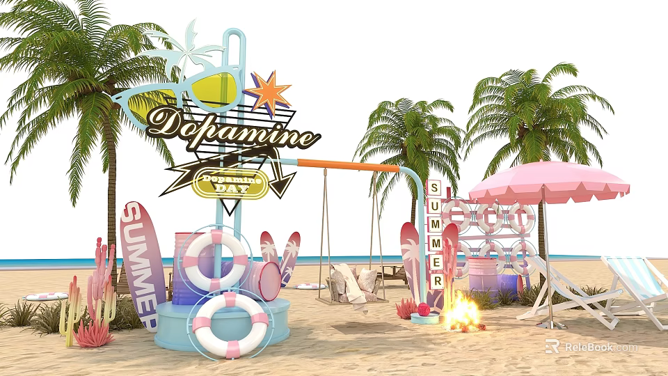Summer Beach Scene With Dejamine Sign Pink Umbrella Palm Trees Swing Lifebuoys And Campfire 3d model 