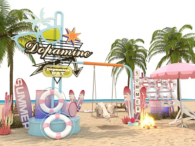 Summer Beach Scene With Dejamine Sign Pink Umbrella Palm Trees Swing Lifebuoys And Campfire 3d model