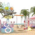 Summer Beach Scene With Dejamine Sign Pink Umbrella Palm Trees Swing Lifebuoys And Campfire