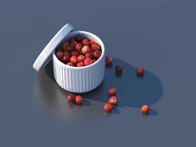 Fresh Red Berries in White Ribbed Jar with Open Lid Scattered Around Dark Background 3d model
