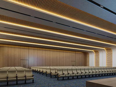 Elegant Conference Room With Wooden Ceiling And Walls Lighting Strips Rows Of Seats Blue Carpet 3d model