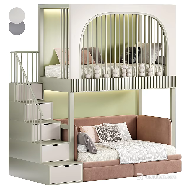 Modern Bunk Bed with Storage Stairs Lower Sofa Bed Pillows Light Green Frame Arched Railings 3d model 