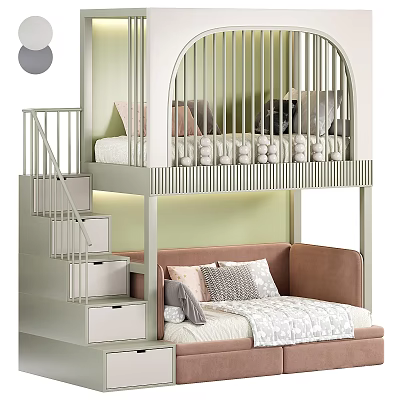 Modern Bunk Bed with Storage Stairs Lower Sofa Bed Pillows Light Green Frame Arched Railings 3d model