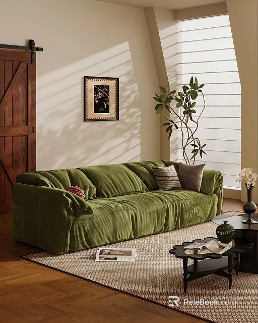 Green Velvet Sectional Sofa With Decorative Pillows Wooden Door And Potted Plant 3d model 