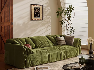 Green Velvet Sectional Sofa With Decorative Pillows Wooden Door And Potted Plant 3d model