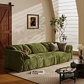 Green Velvet Sectional Sofa With Decorative Pillows Wooden Door And Potted Plant