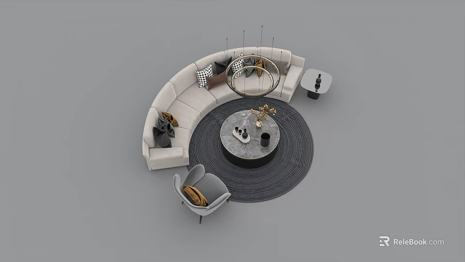 Modern Curved Sofa and Round Coffee Table Set With Throw Pillows Rug and Side Table 3d model