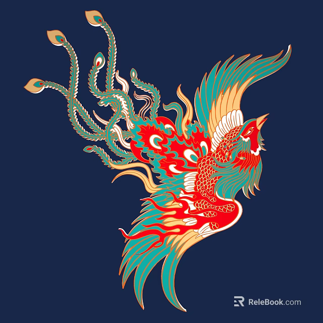 Exquisite Traditional Phoenix Carving with Red Green Gold Details on Deep Blue Background 3d model 