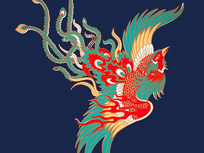 Exquisite Traditional Phoenix Carving with Red Green Gold Details on Deep Blue Background 3d model