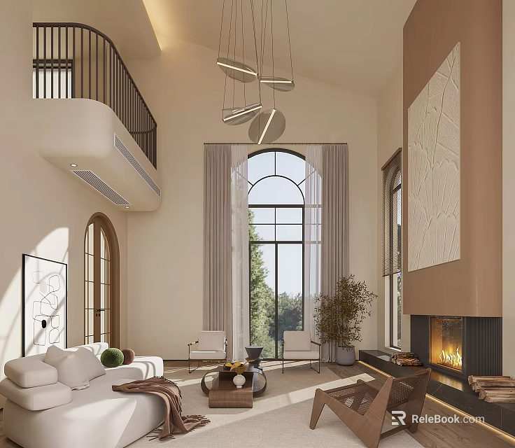 Bright Loft Living Room With Large Window Fireplace And Modern Furniture 3d model 