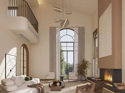 Bright Loft Living Room With Large Window Fireplace And Modern Furniture 3d model