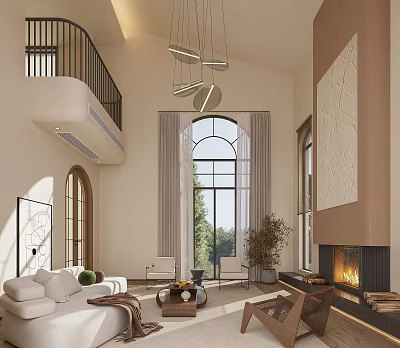 Bright Loft Living Room With Large Window Fireplace And Modern Furniture 3d model